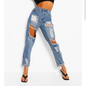 High Waist Light Wash Distressed Mom Jeans